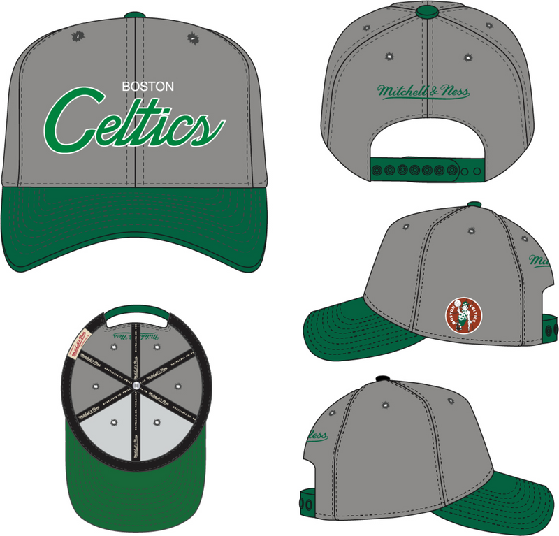 Mitchell & Ness Boston Celtics Grey Hardwood Classics Team Script 2.0 Pro Snapback Hat