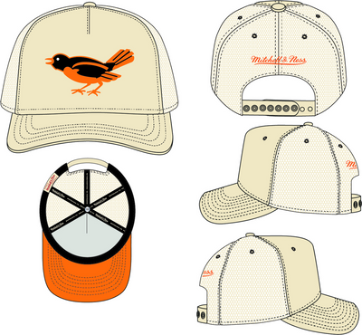 Mitchell & Ness Baltimore Orioles Off White Cooperstown Evergreen Trucker Hat