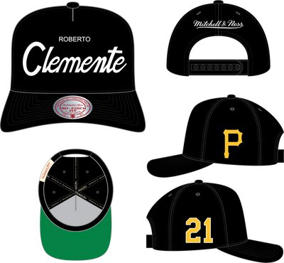 Mitchell & Ness Roberto Clemente Pittsburgh Pirates Black/White Cooperstown Player Script Pro Snapback Hat