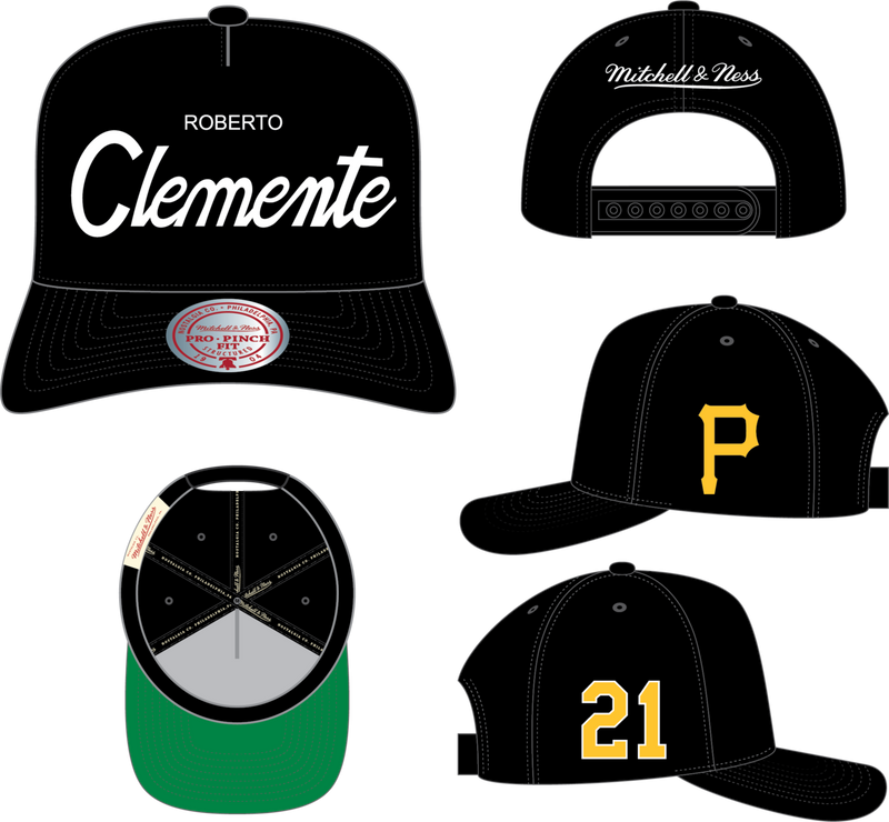 Mitchell & Ness Roberto Clemente Pittsburgh Pirates Black/White Cooperstown Player Script Pro Snapback Hat