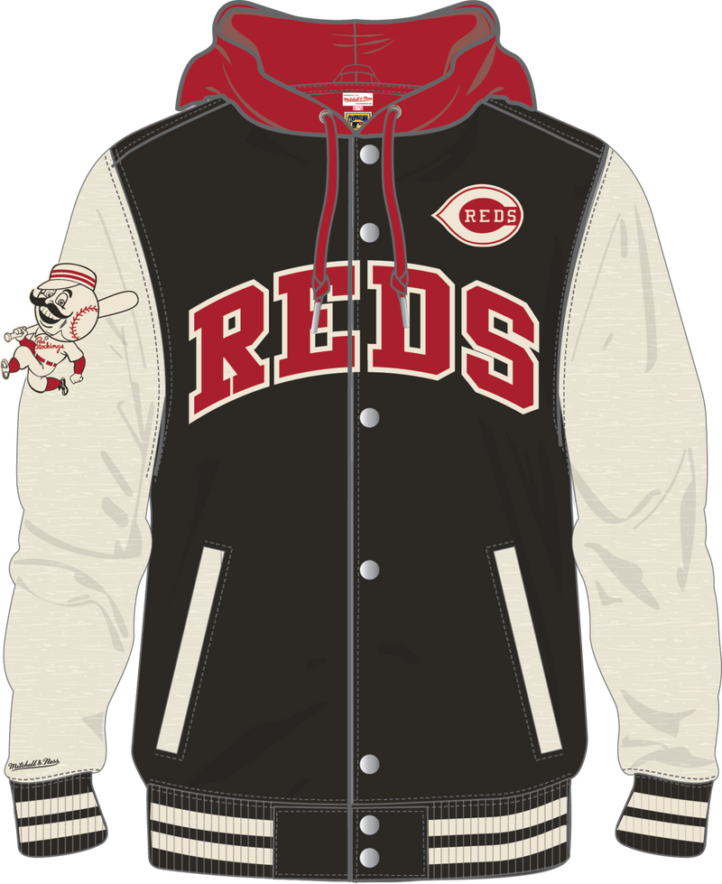 Mitchell & Ness Cincinnati Reds Black Courtside Fleece Button Front Jacket