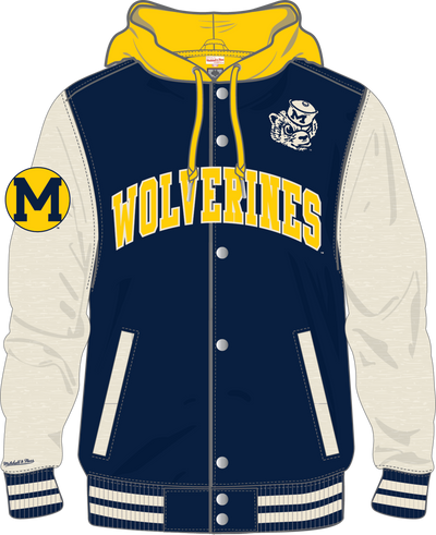 Mitchell & Ness University of Michigan Navy Courtside Fleece Button Front Jacket Wolverines