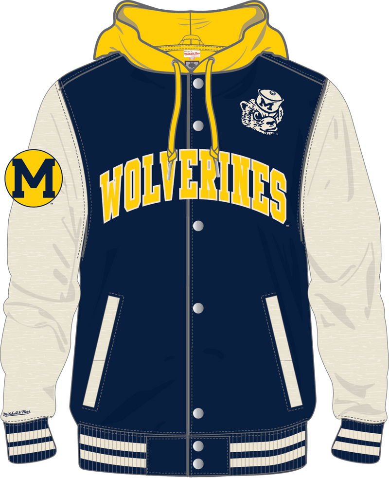 Mitchell & Ness University of Michigan Navy Courtside Fleece Button Front Jacket Wolverines