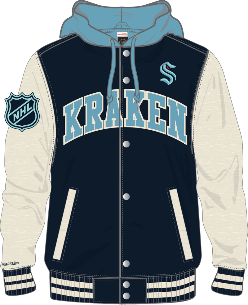 Mitchell & Ness Seattle Kraken Navy Courtside Fleece Button Front Jacket