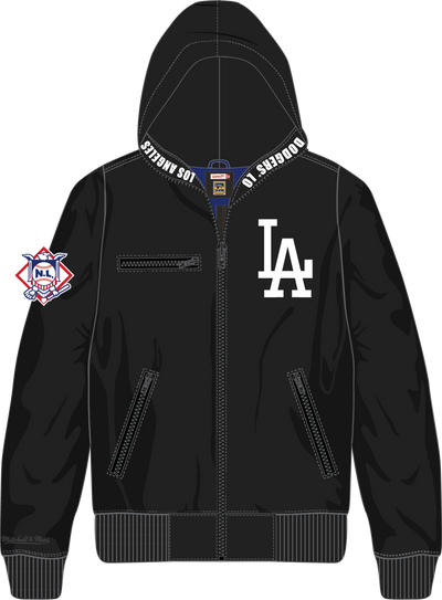 Mitchell & Ness Los Angeles Dodgers Black Walk the Tunnel Hooded Satin Bomber Jacket
