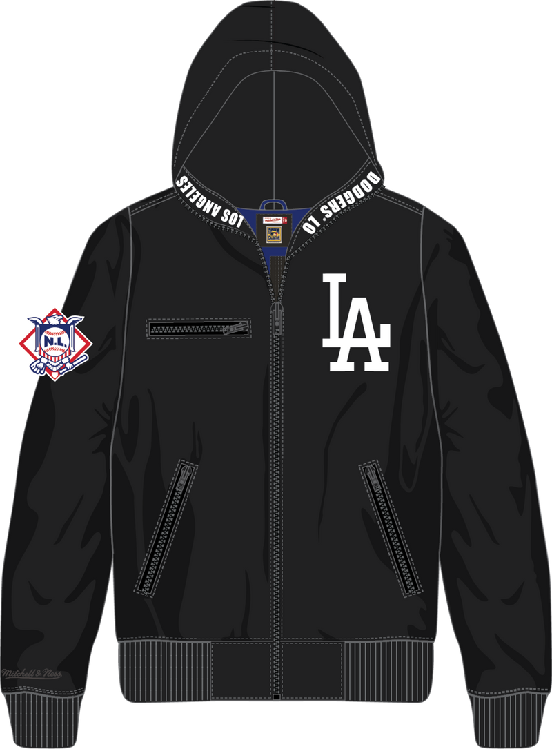 Mitchell & Ness Los Angeles Dodgers Black Walk the Tunnel Hooded Satin Bomber Jacket