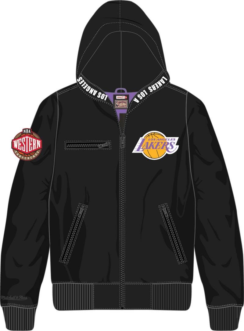 Mitchell & Ness Los Angeles Lakers Black Walk the Tunnel Hooded Satin Bomber Jacket