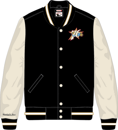 Mitchell & Ness Philadelphia 76ers Black/Cream Vintage Logo Primetime Heavyweight Satin Jacket