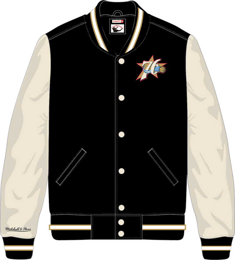 Mitchell & Ness Philadelphia 76ers Black/Cream Vintage Logo Primetime Heavyweight Satin Jacket
