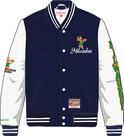 Mitchell & Ness Milwaukee Bucks White Washed Fleece Varsity Jacket