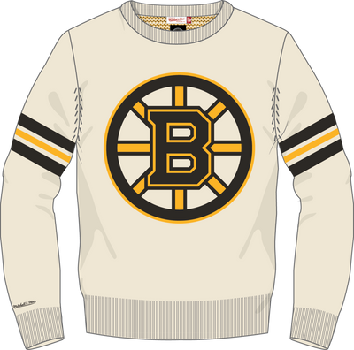 Mitchell & Ness Boston Bruins Cream Current Logo Retro Helmet Sweater