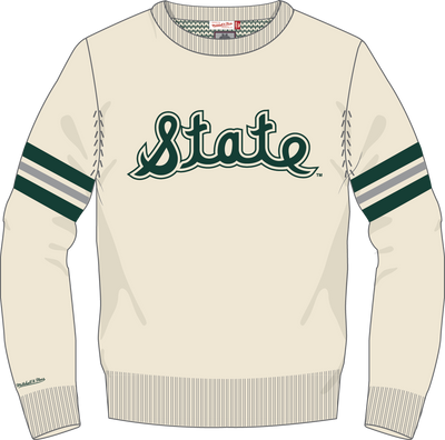 Mitchell & Ness Michigan State University Cream Vintage Logo Retro Helmet Sweater Mich
