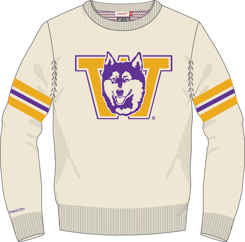Mitchell & Ness University of Washington Cream Vintage Logo Retro Helmet Sweater Huskies
