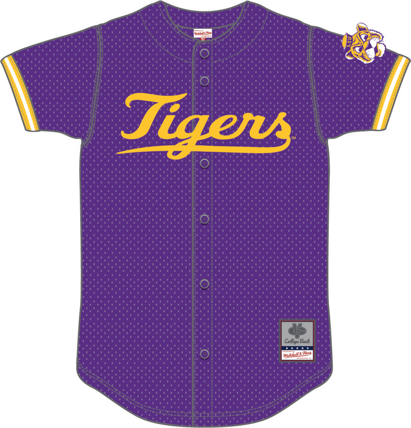 Mitchell & Ness LSU Tigers Purple on the Clock Mesh Button Front