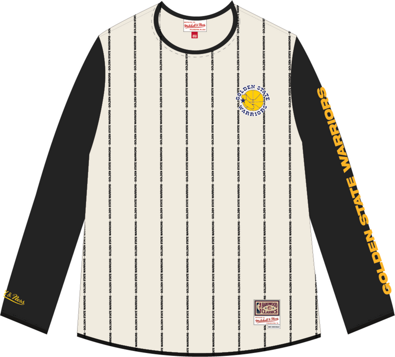 Mitchell & Ness Golden State Warriors Cream Team Glory Pinstripe Long Sleeve Jersey