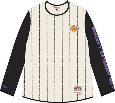 Mitchell & Ness Los Angeles Lakers Cream Team Glory Pinstripe Long Sleeve Jersey