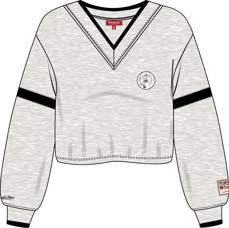 Mitchell & Ness Women's Boston Celtics Oatmeal V-Neck Cropped Sweatshirt