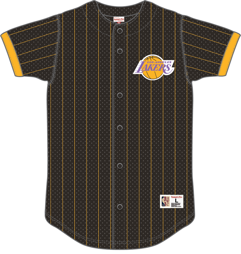 Mitchell & Ness Los Angeles Lakers Black Final Seconds Striped Mesh Button Front Top