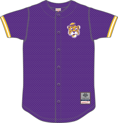 Mitchell & Ness LSU Tigers Purple Vintage Logo Game Time Mesh Button Front