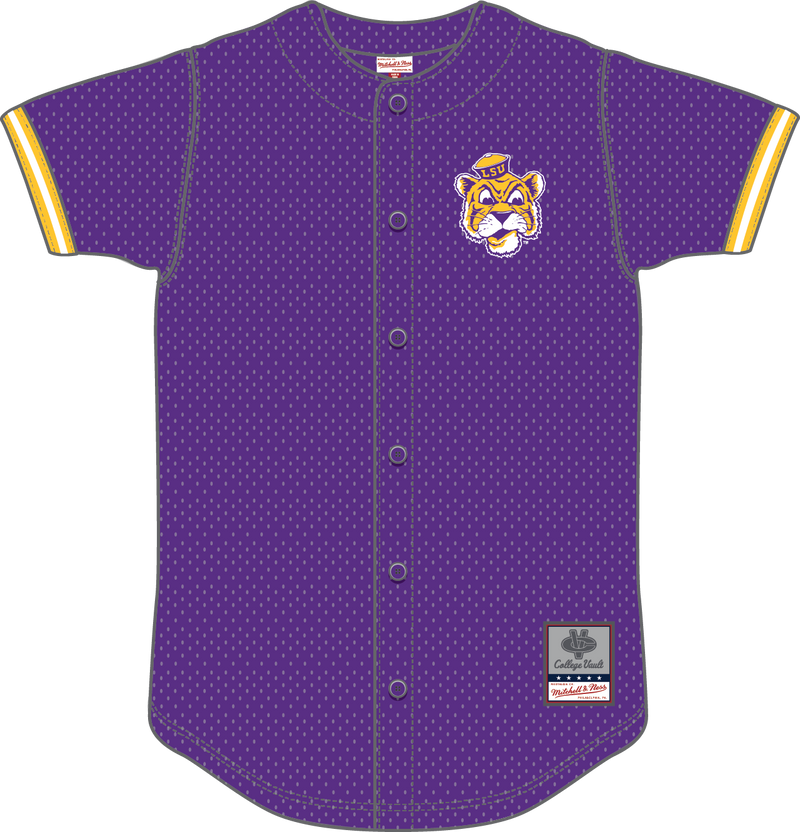 Mitchell & Ness LSU Tigers Purple Vintage Logo Game Time Mesh Button Front