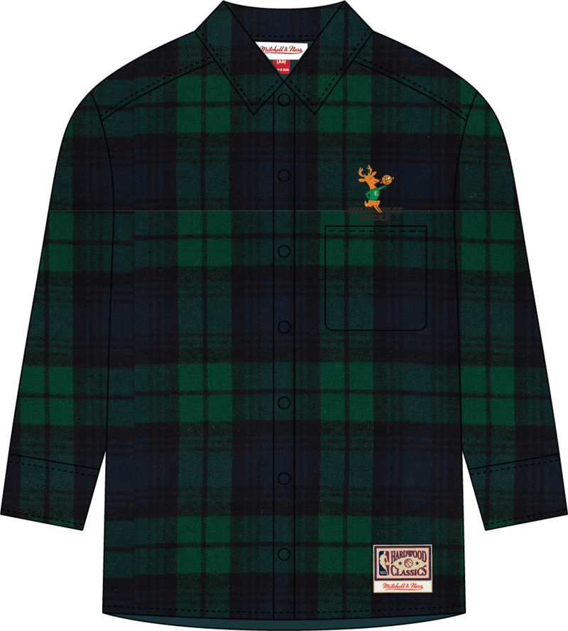 Mitchell & Ness Milwaukee Bucks Green Plaid Long Sleeve Button Up