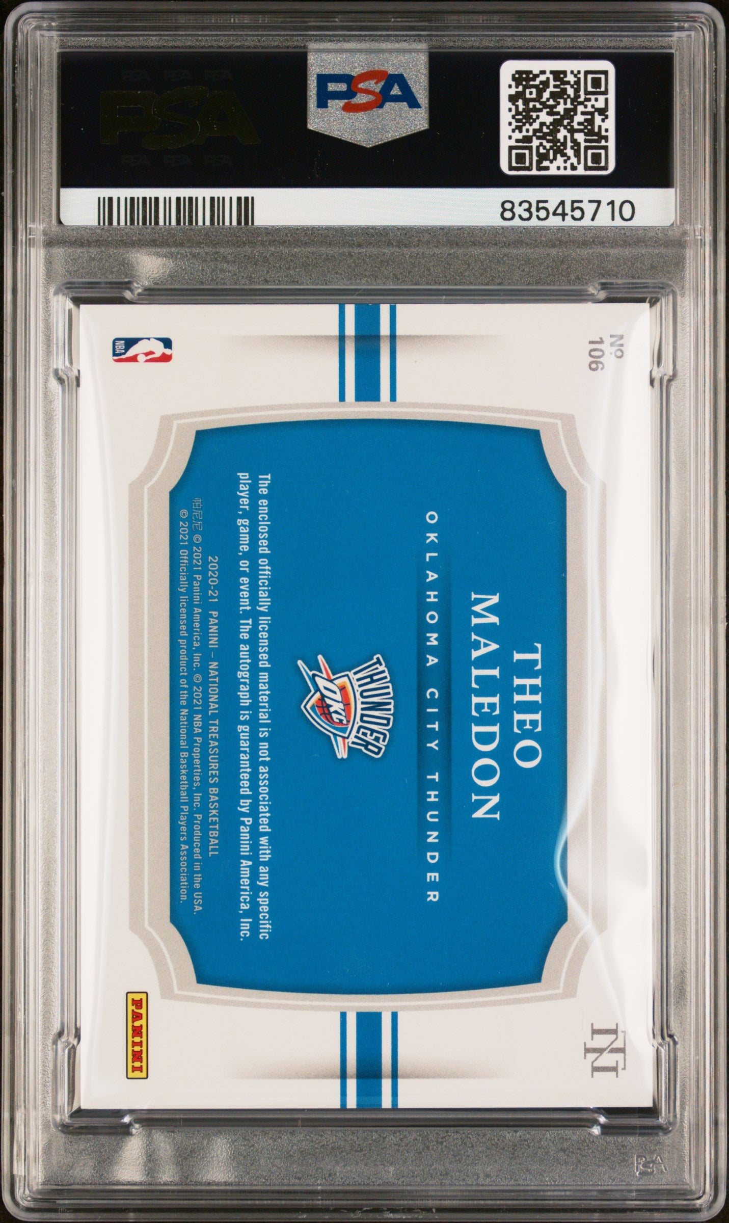 2020 Panini National Treasures Theo Maledon #106 RC Patch Auto /75 PSA 10