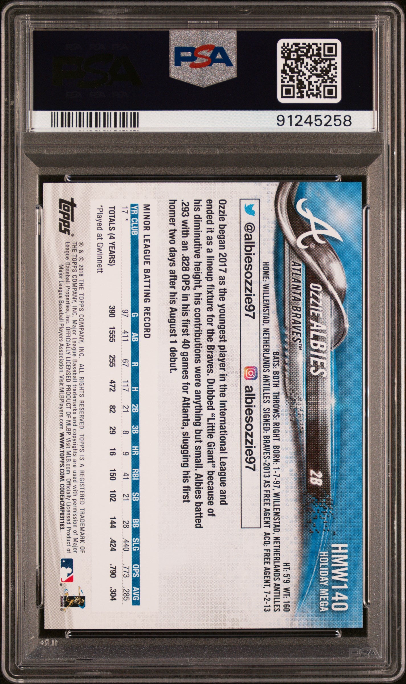 2018 Topps Holiday Ozzie Albies #HMW140 RC PSA 10