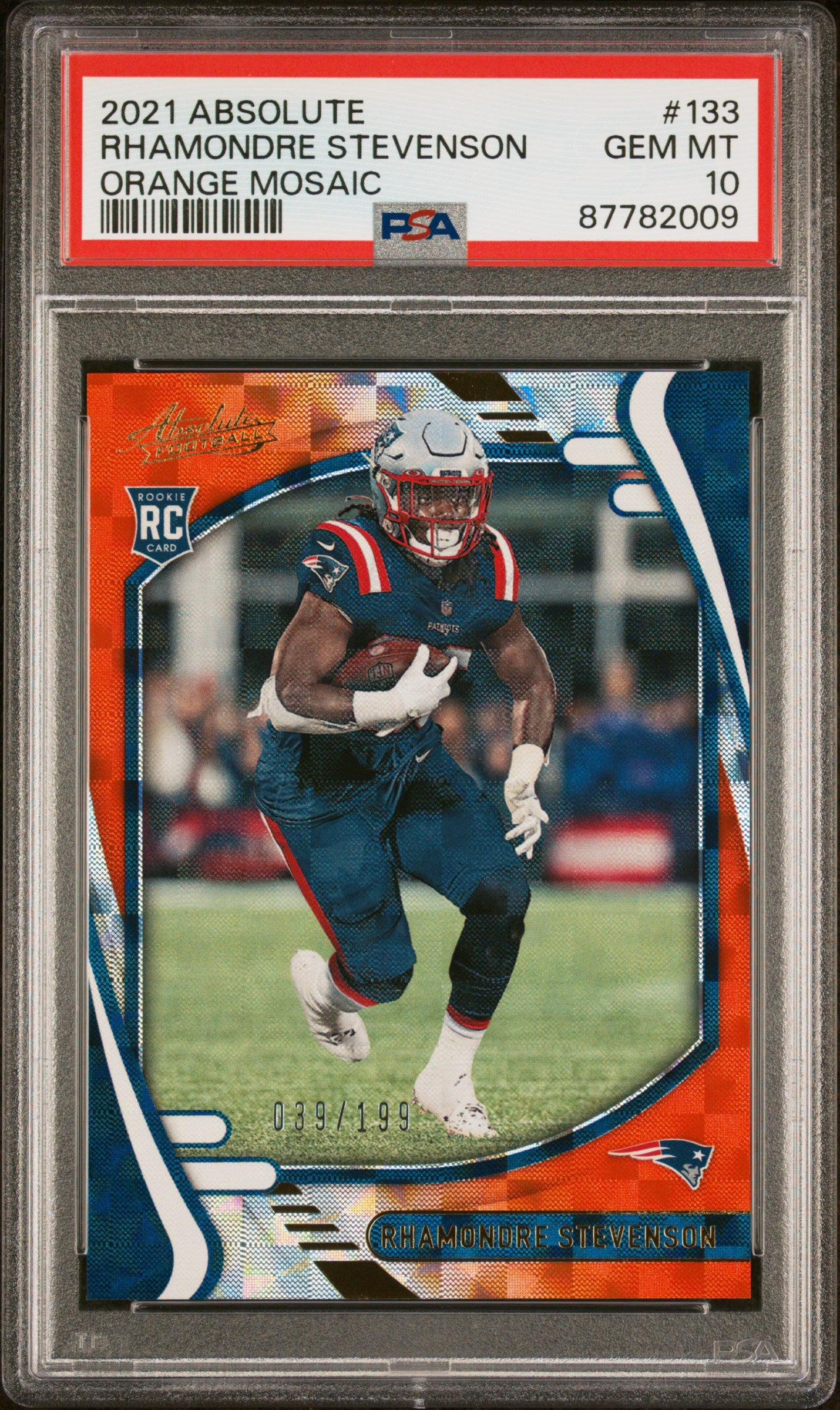 2021 Panini Absolute Orange Mosaic Rhamondre Stevenson #133 RC /199 PSA 10
