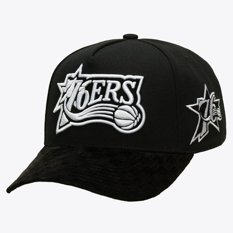 Mitchell & Ness Philadelphia 76ers Black Hardwood Classics Check It Select It Pro Pinch Strapback Hat