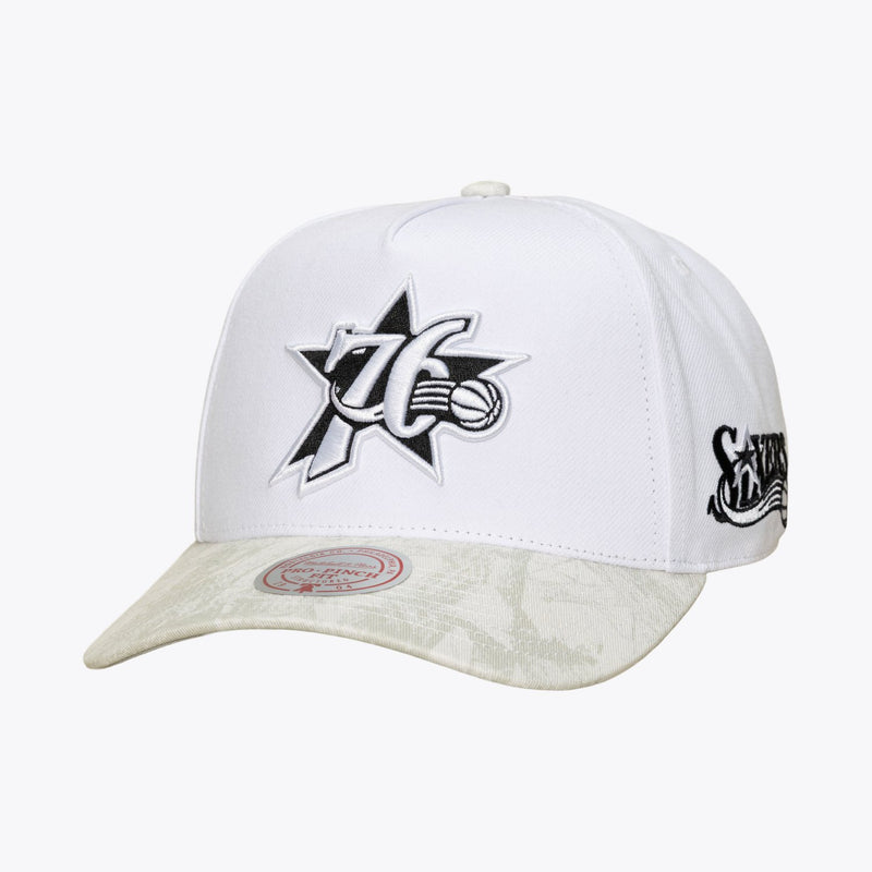 Mitchell & Ness Philadelphia 76ers White Hardwood Classics Ghosted Pro Pinch Snapback Hat