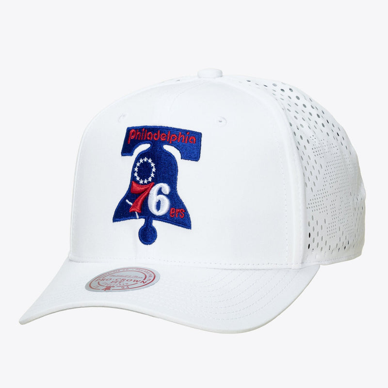 Mitchell & Ness Philadelphia 76ers White Hardwood Classics Perfect Logo Pro Crown Snapback Hat