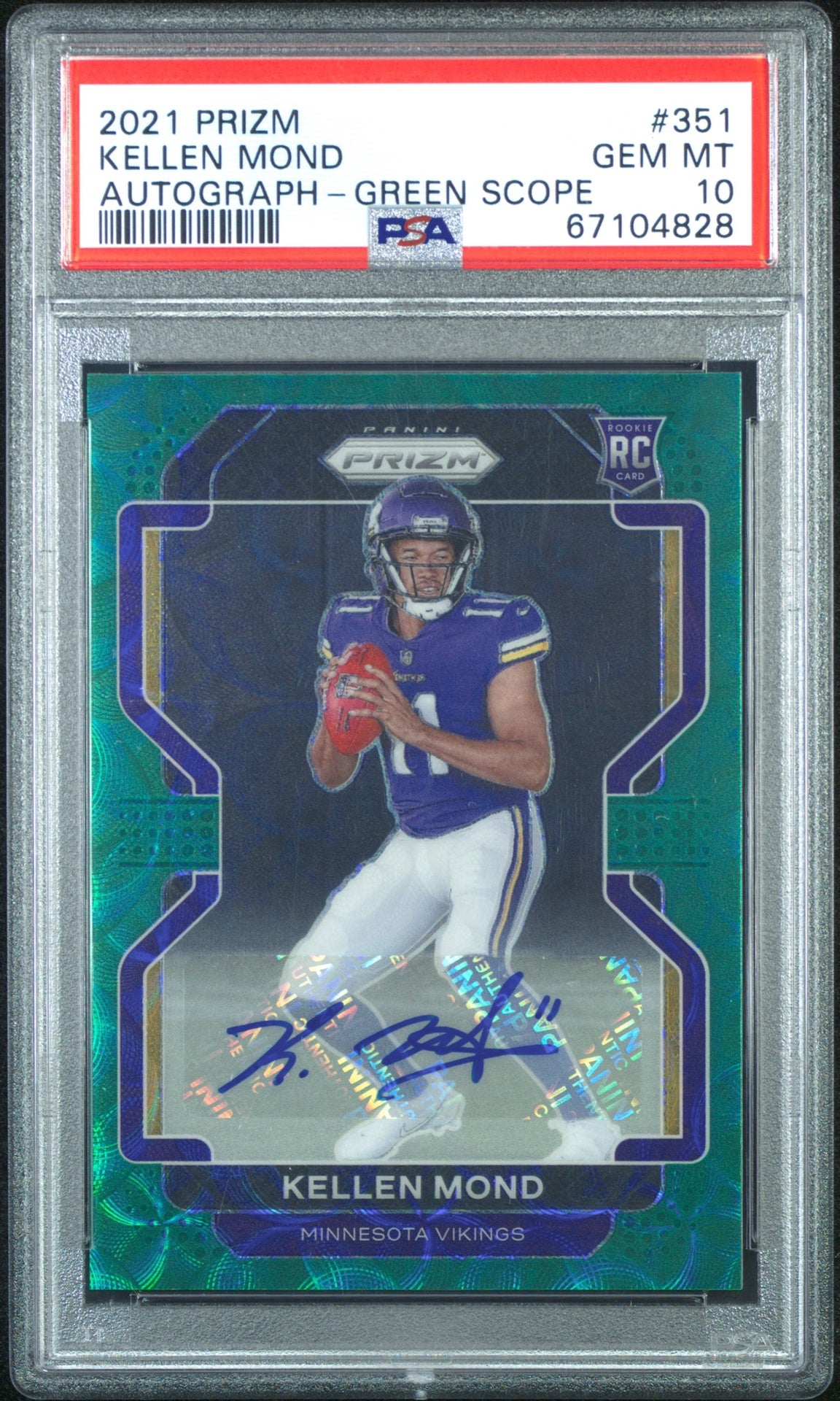 2021 Panini Prizm #351 Kellen Mond Rookie Autographs Green Scope Prizm /75 PSA 10