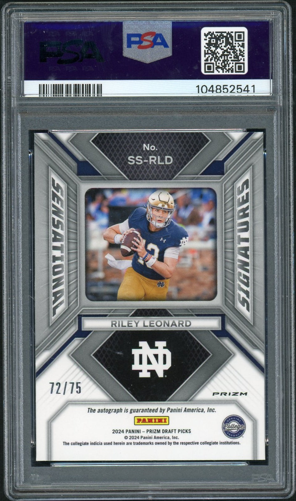2024 Panini Prizm Draft Picks Sensational Signatures #SSRLD Riley Leonard Orange Wave PSA 10