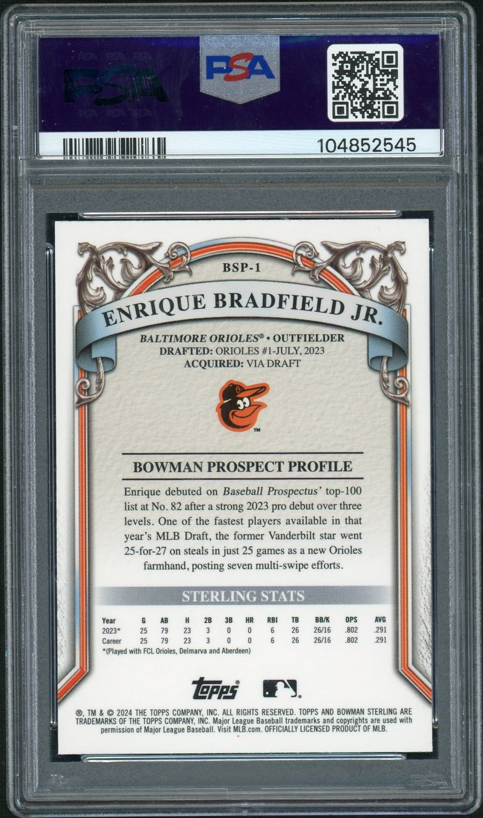 2024 Bowman Sterling Prospects #BSP1 Enrique Bradfield Jr. Mini Diamond Refractor PSA 9