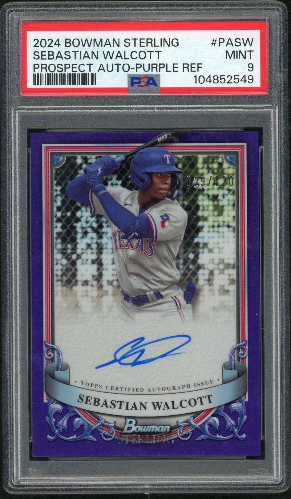 2024 Bowman Sterling Prospect Autographs #PASW Sebastian Walcott Prospect Auto-Purple Ref PSA 9