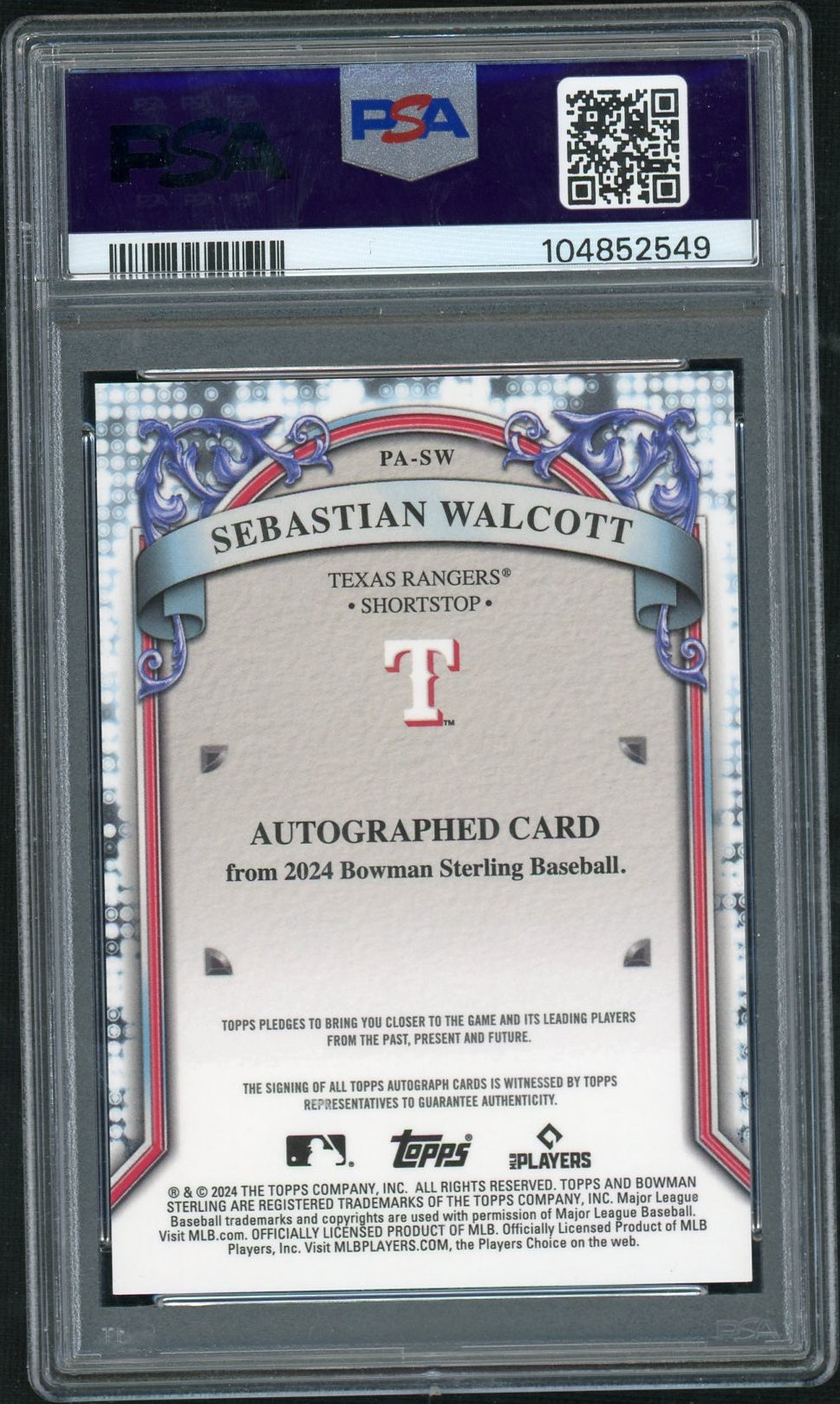 2024 Bowman Sterling Prospect Autographs #PASW Sebastian Walcott Prospect Auto-Purple Ref PSA 9