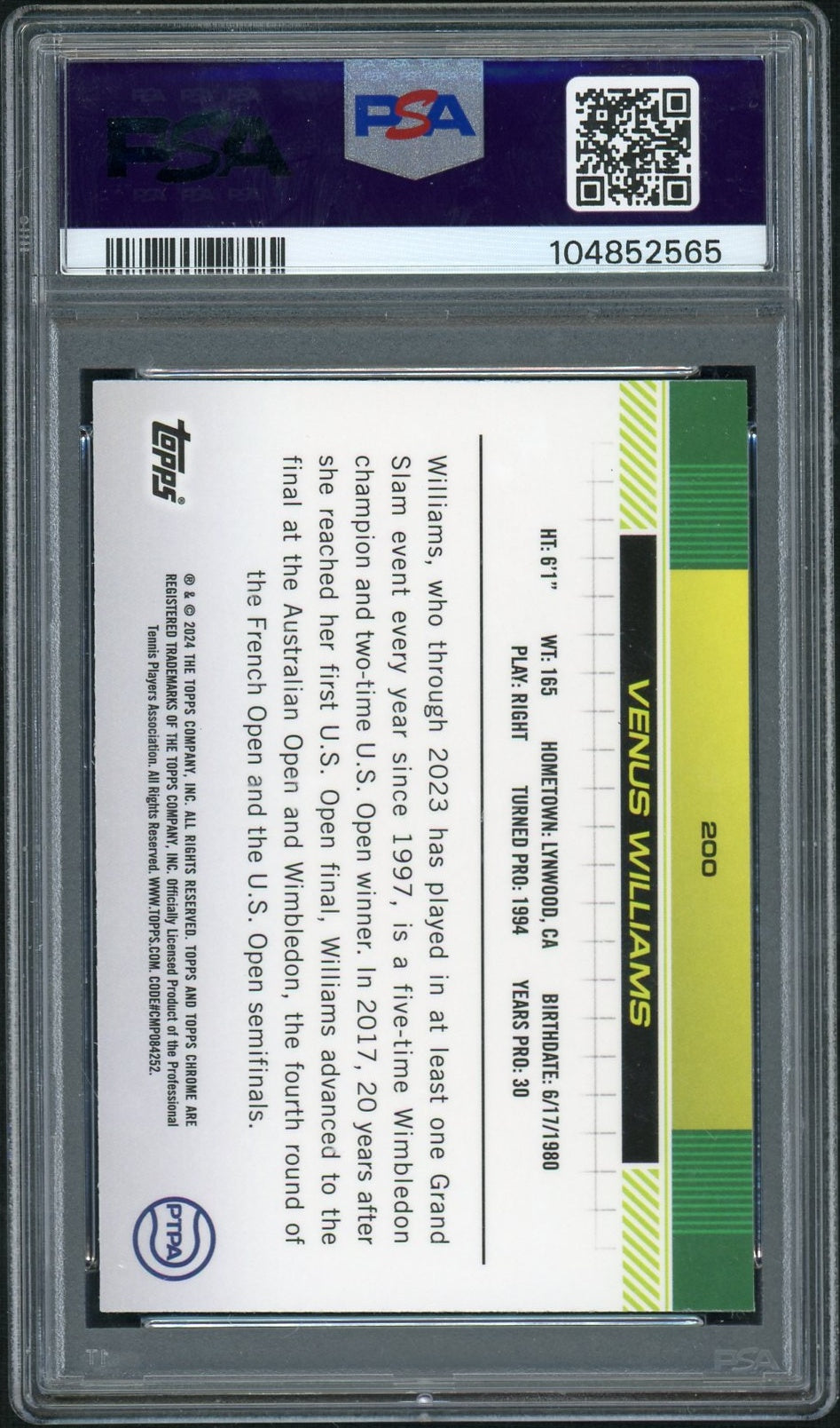 2024 Topps Chrome Tennis #200 Venus Williams Green Grass Court Refractor PSA 10