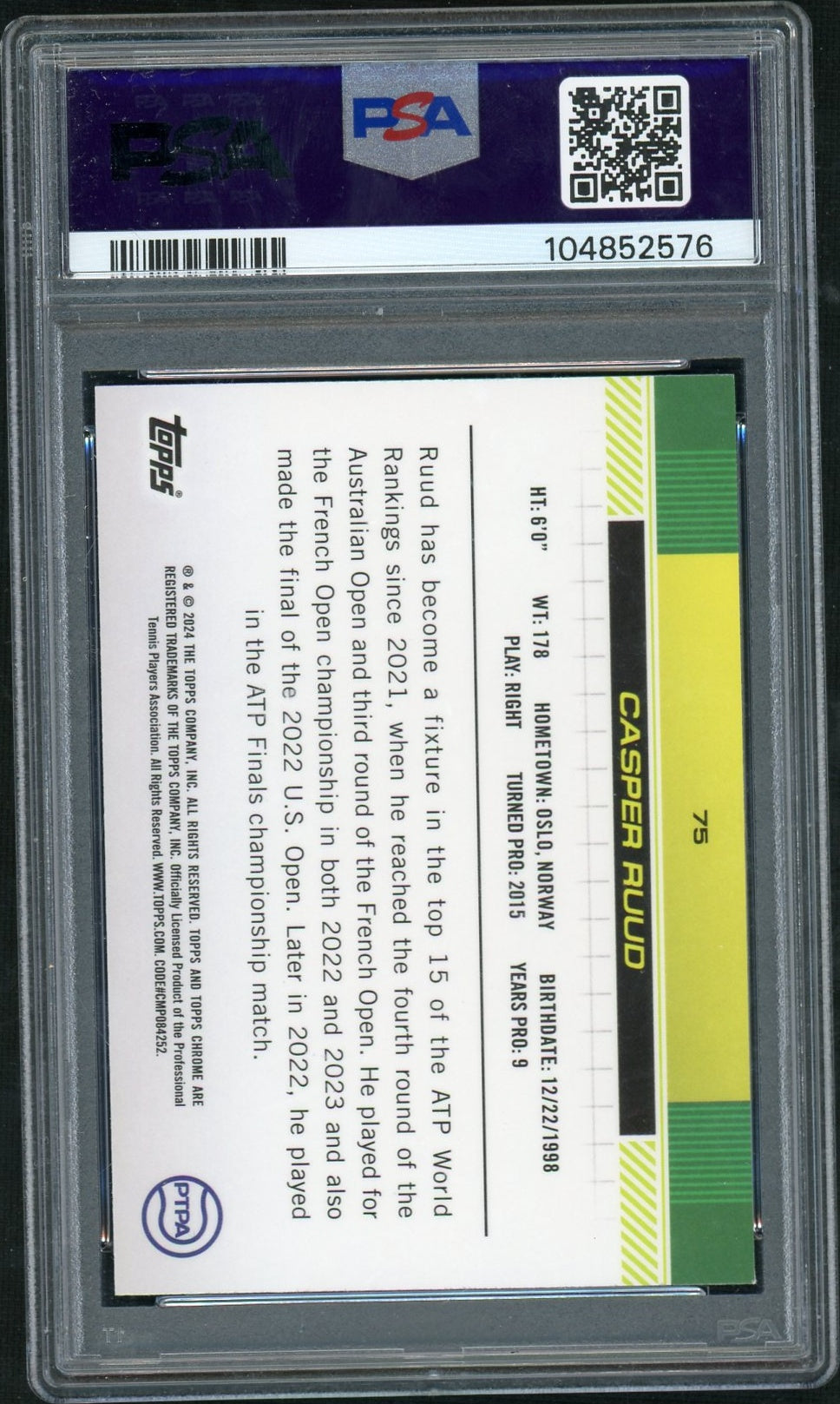 2024 Topps Chrome Tennis #75 Casper Ruud Blue Refractor PSA 10
