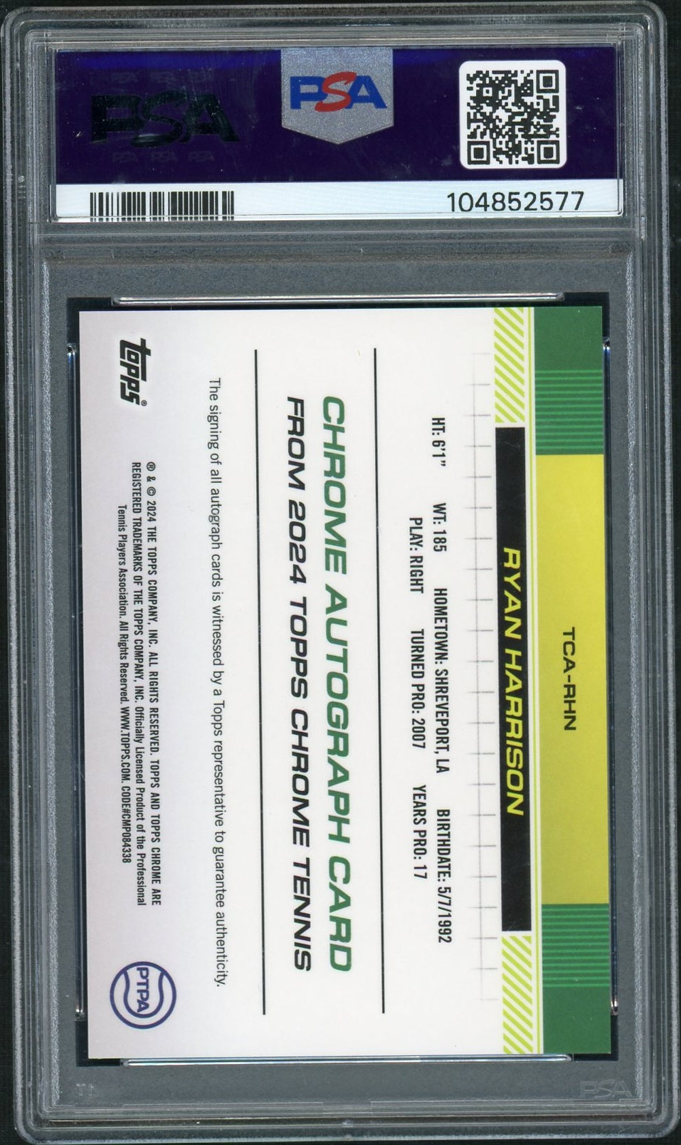 2024 Topps Chrome Tennis Autographs #TCARHN Ryan Harrison Autograph-Blue Refractor PSA 9