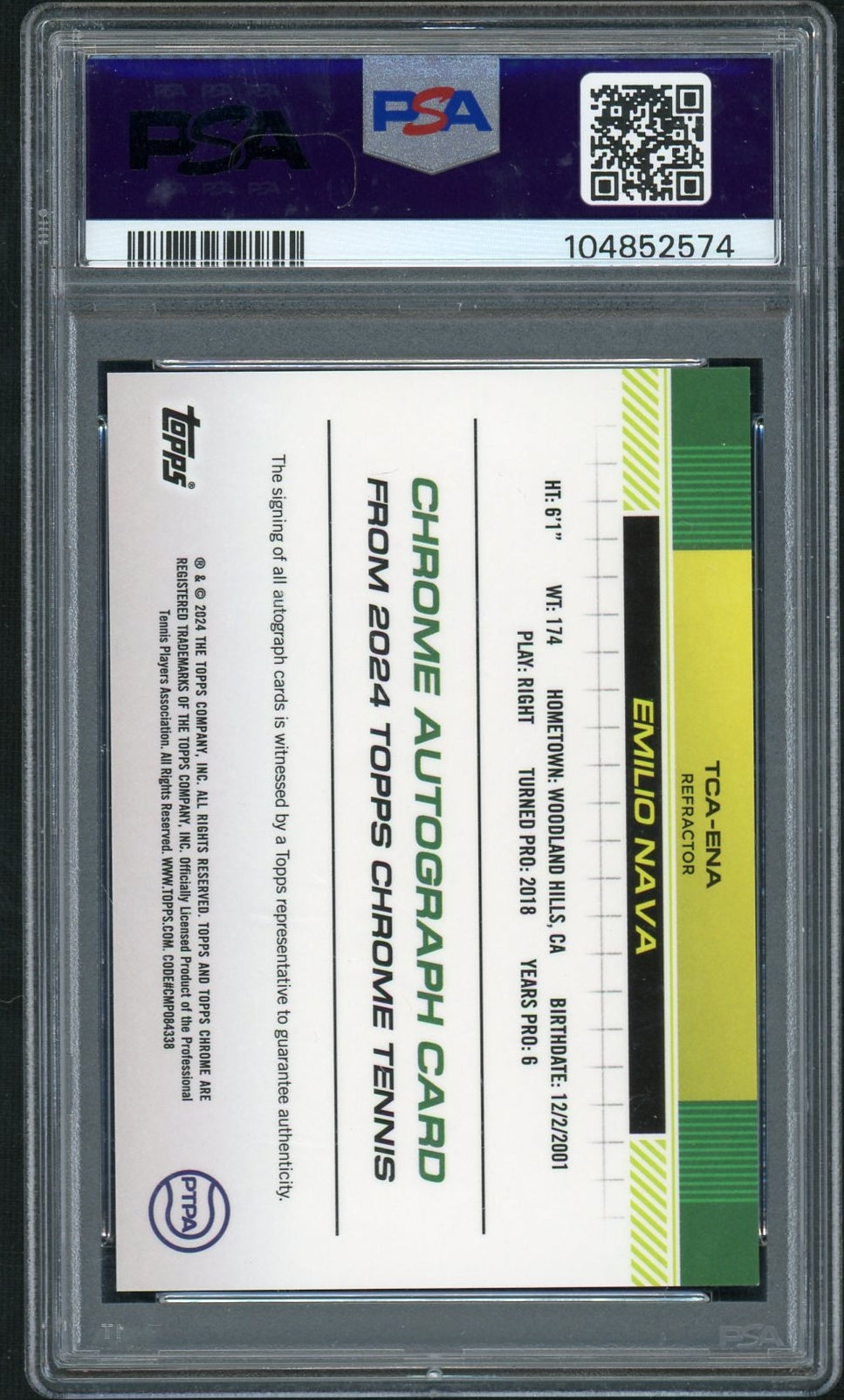2024 Topps Chrome Tennis Autographs #TCAENA Emilio Nava Refractor PSA 10