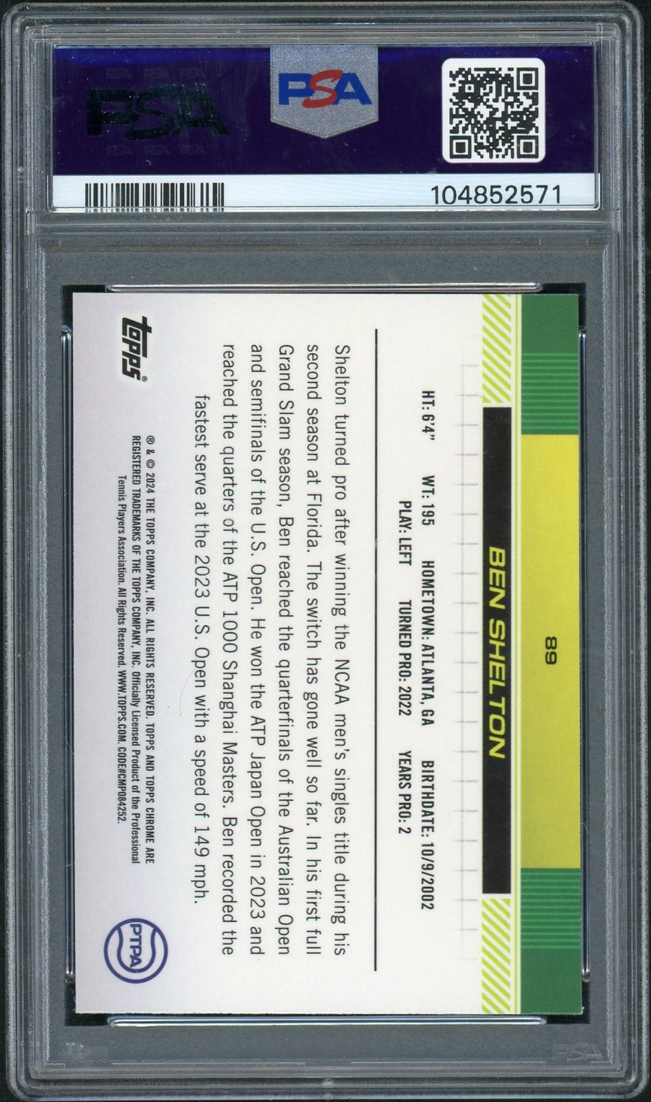 2024 Topps Chrome Tennis #89 Ben Shelton Green Grass Court Refractor PSA 9
