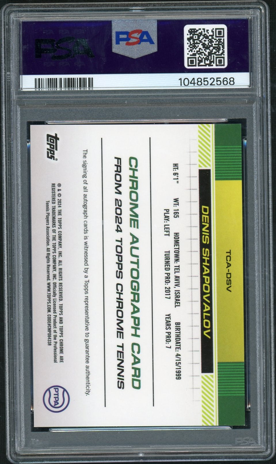 2024 Topps Chrome Tennis Autographs #TCADSV Denis Shapovalov Blue Refractor PSA 9