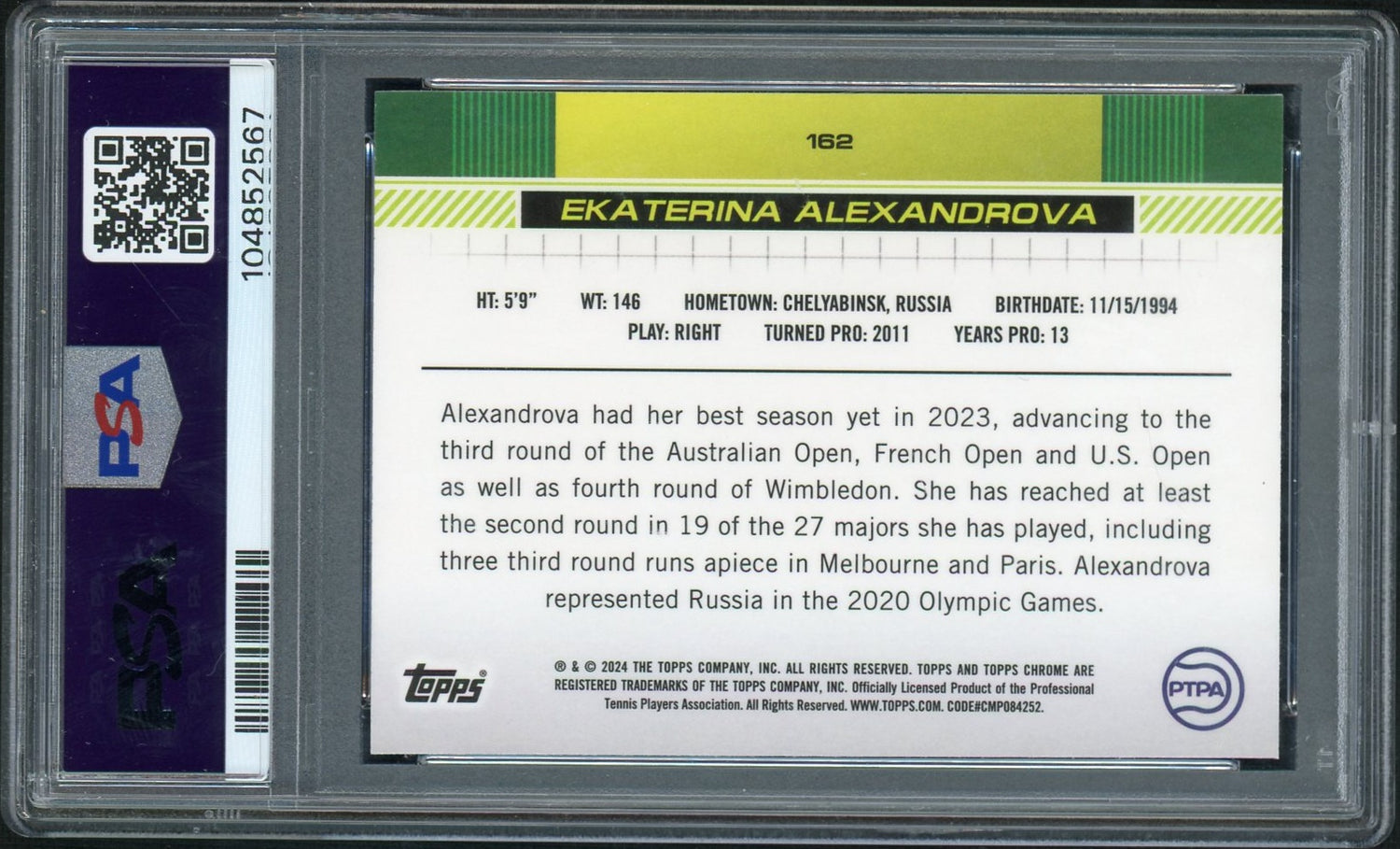 2024 Topps Chrome Tennis #162 Ekaterina Alexandrova Gold Refractor PSA 10