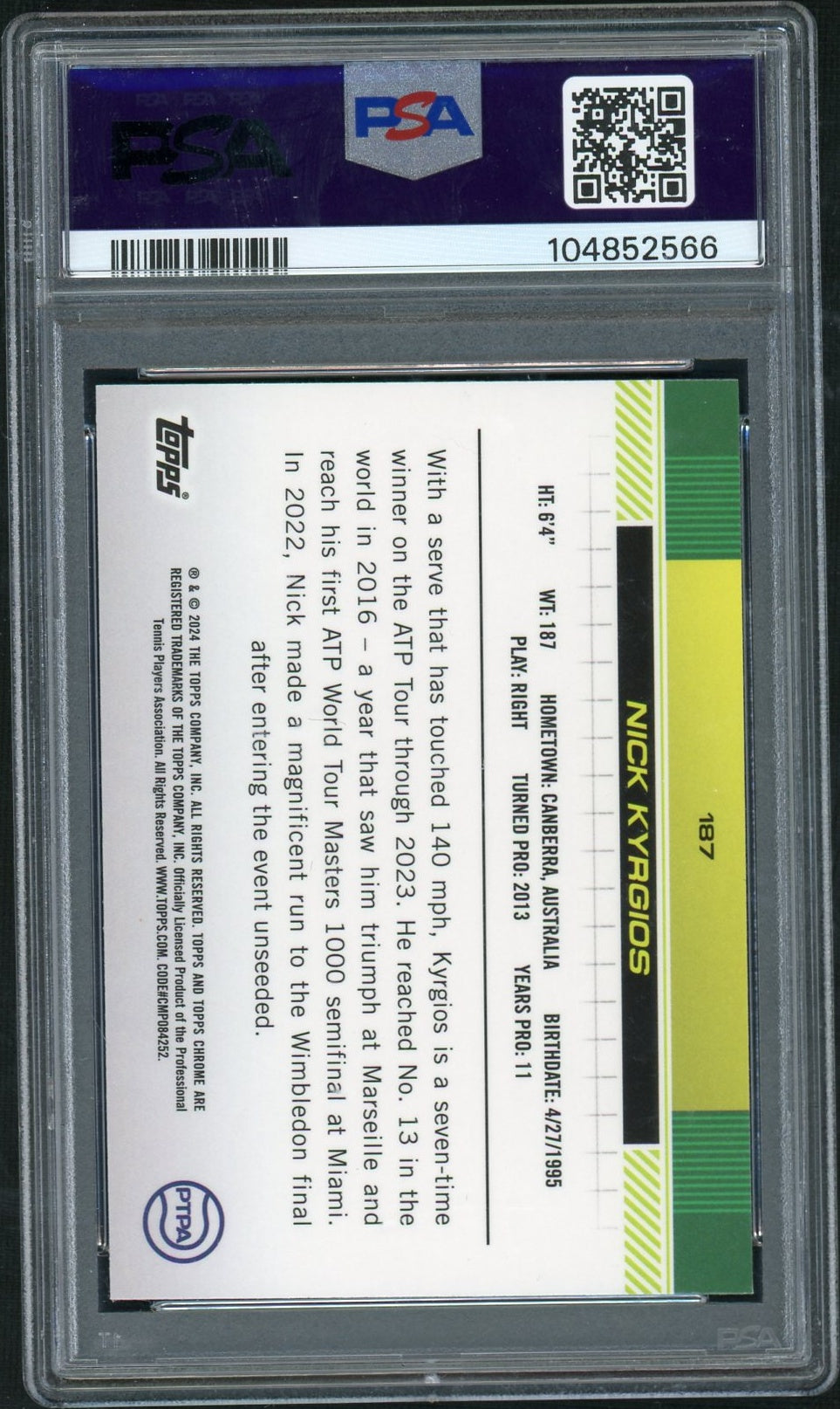 2024 Topps Chrome Tennis #187 Nick Kyrgios Gold Refractor PSA 9