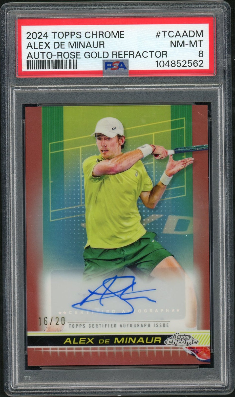 2024 Topps Chrome Tennis Autographs #TCAADM Alex De Minaur Rose Gold Refractor PSA 8