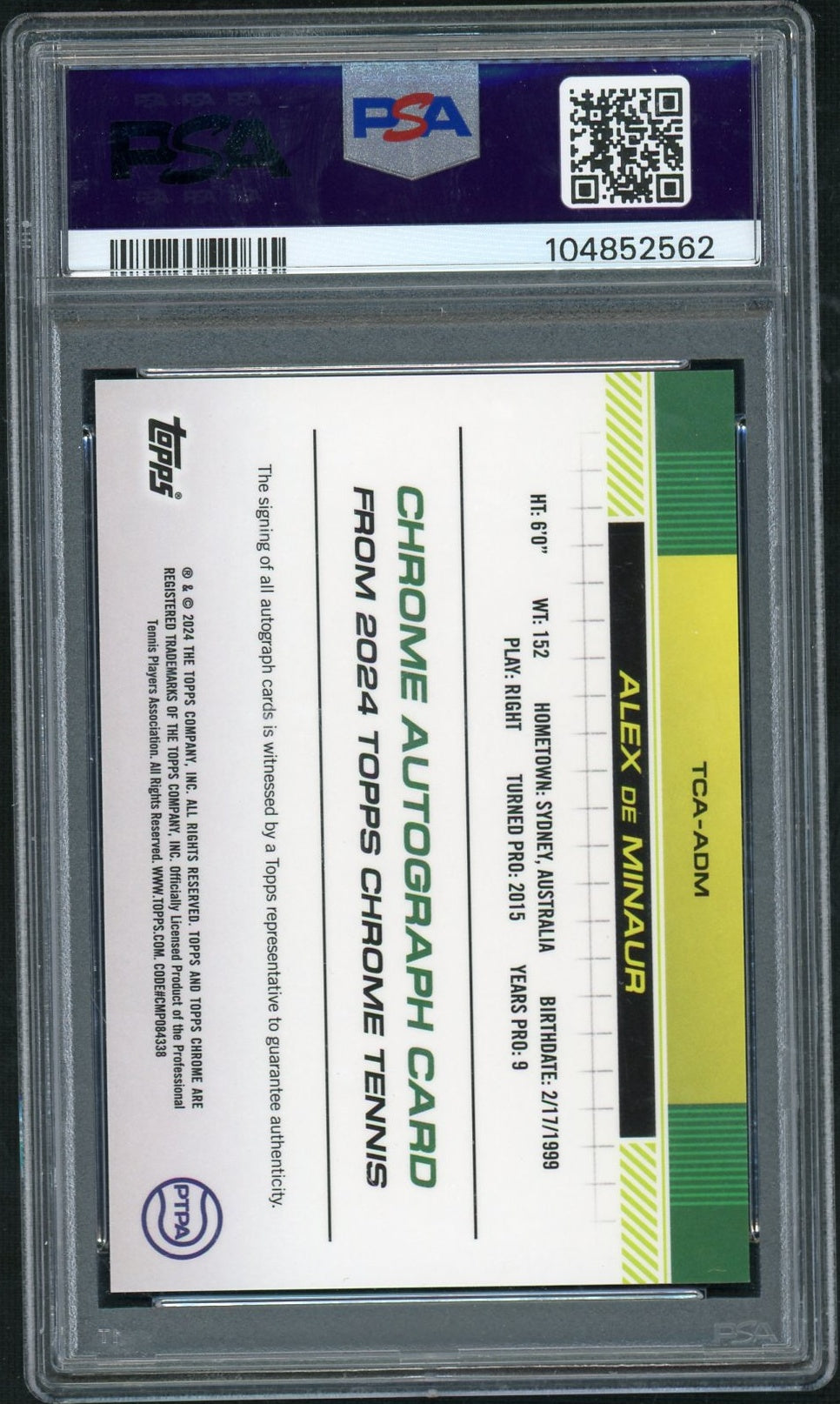 2024 Topps Chrome Tennis Autographs #TCAADM Alex De Minaur Rose Gold Refractor PSA 8