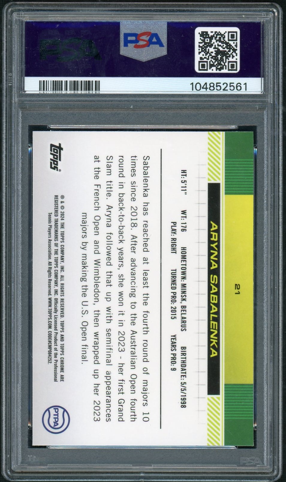 2024 Topps Chrome Tennis #21 Aryna Sabalenka Pineapple Refractor PSA 10