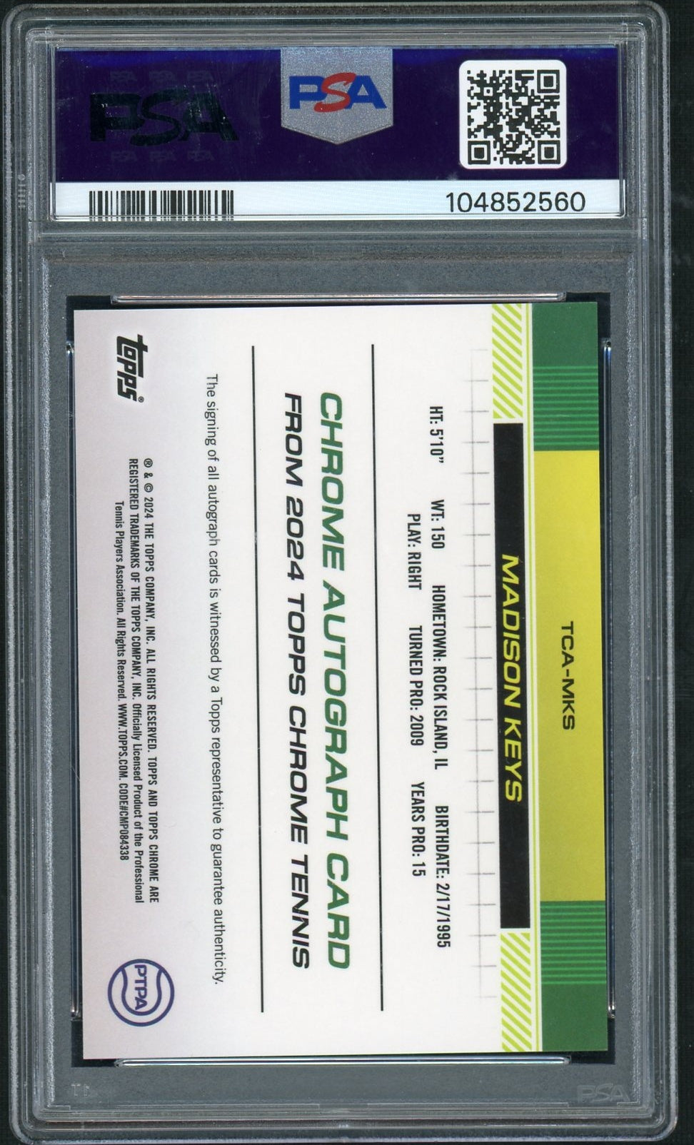 2024 Topps Chrome Tennis Autographs #TCAMKS Madison Keys Autograph-Gold Refractor PSA 10