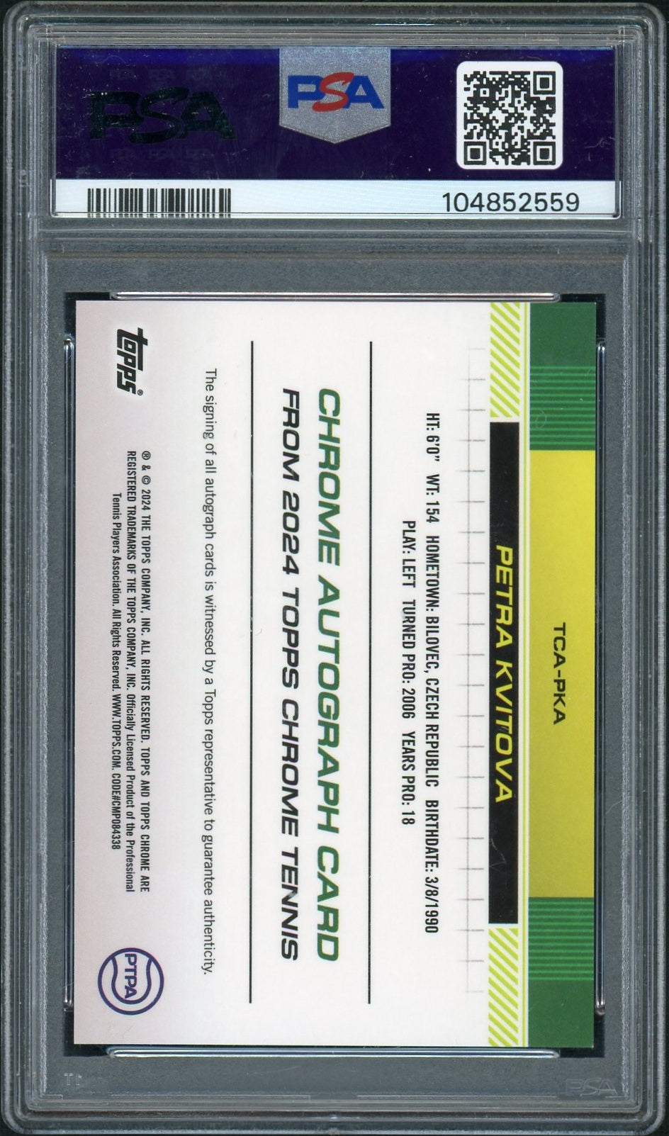 2024 Topps Chrome Tennis Autographs #TCAPKA Petra Kvitova Orange Refractor PSA 10