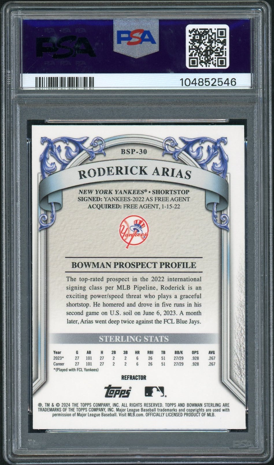 2024 Bowman Sterling Prospects #BSP30 Roderick Arias Refractor PSA 10
